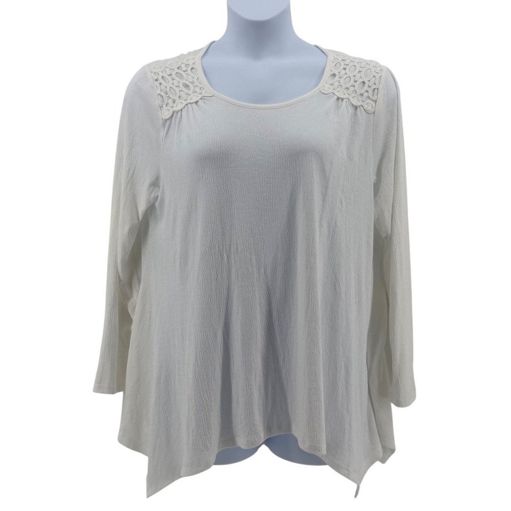 John Paul Richard Crinkle Knit Top Women Large Ivory Crochet Lace Boho Sharkbite